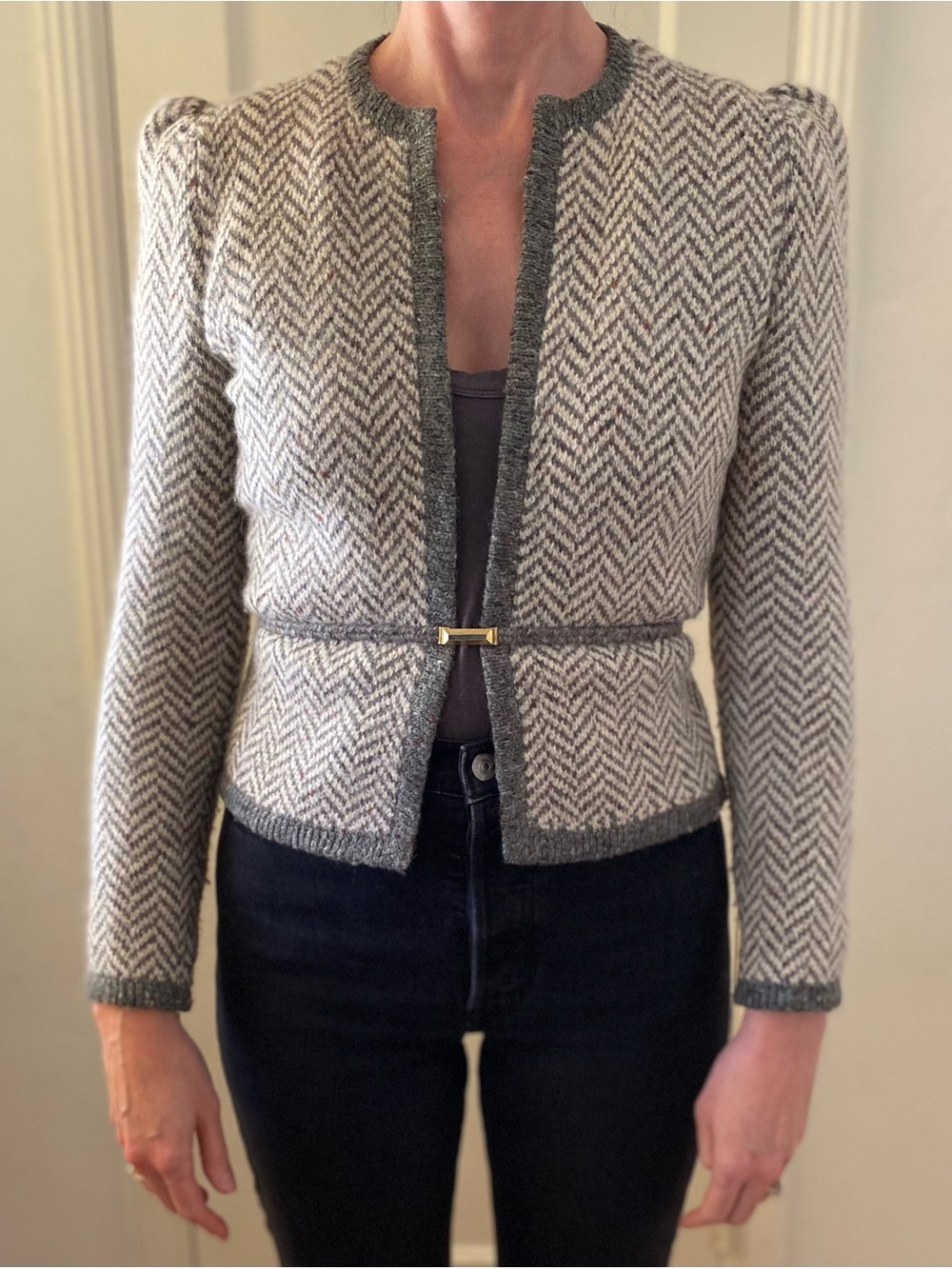 Vintage St. John Marie Gray Wool cardigan sweater with belt. Size XS or S.